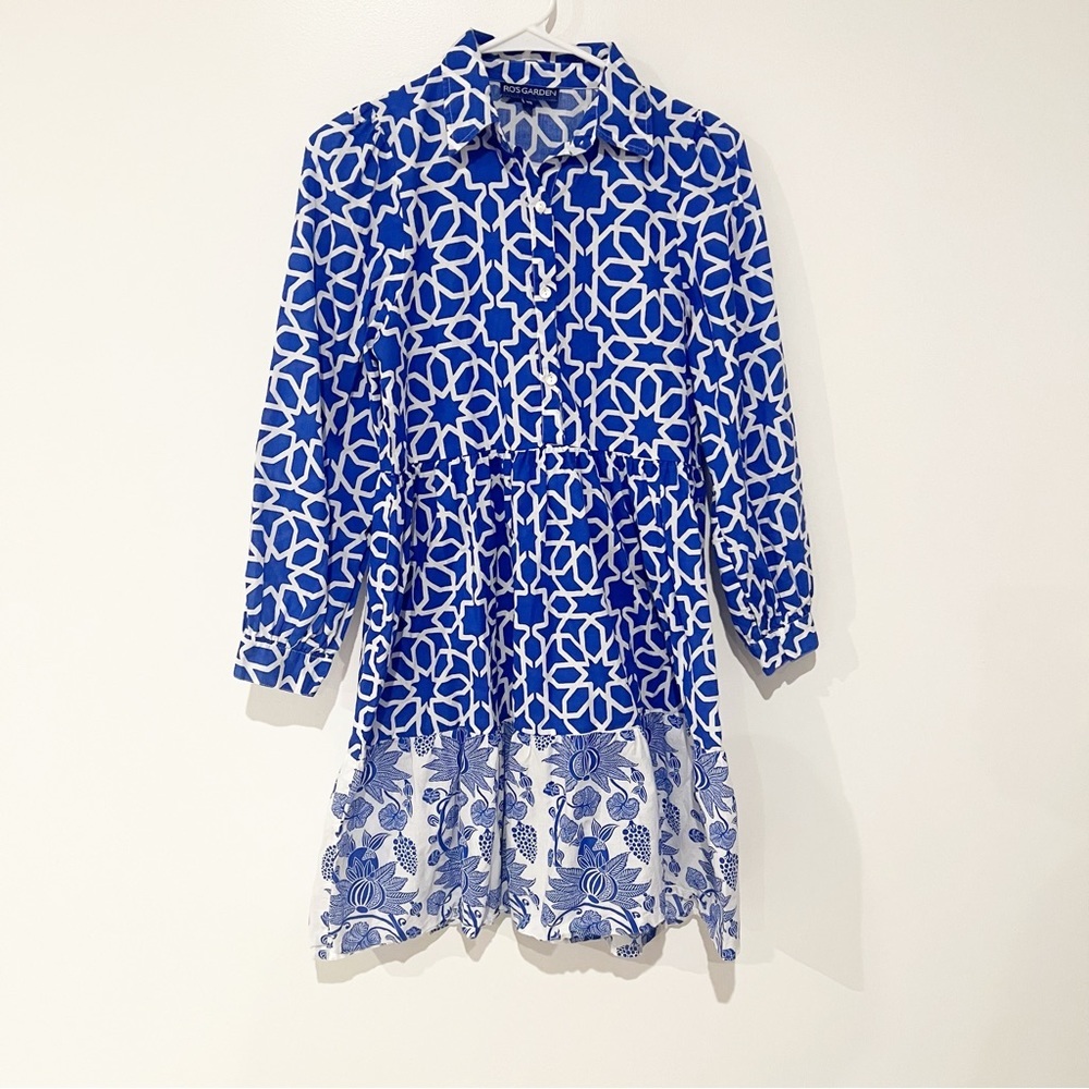Ro’s Garden Blue Geometric & Floral 100% Cotton Babydoll Collared Dress size XS